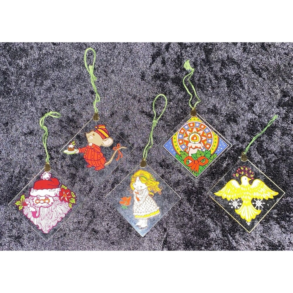 Vtg 80s Flat Glass Christmas Ornaments Santa Mouse Dove Candle Girl *